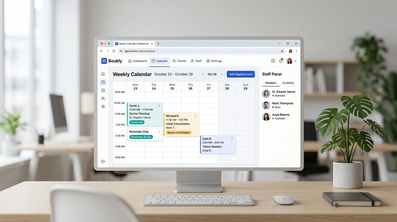 Booking system dashboard with appointment calendar, service slots, and customer timeline.