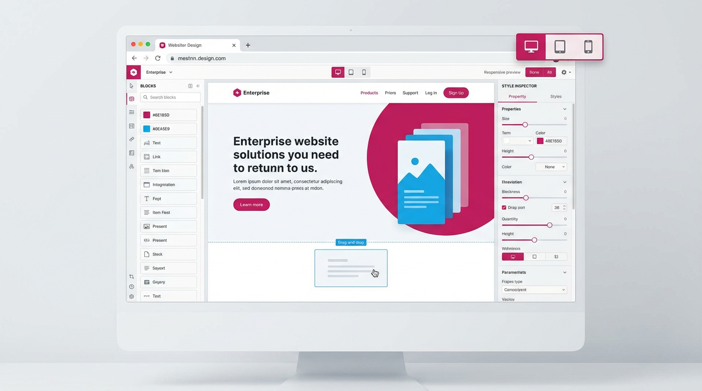 Website designer workspace with drag and drop layout builder, style controls, and live preview.